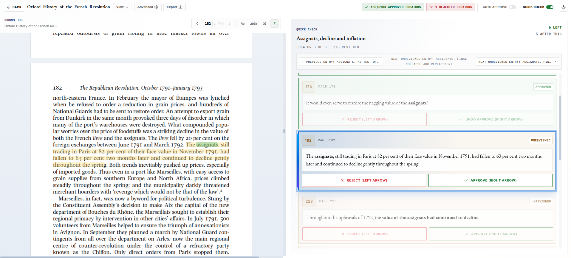 Quick Check review interface in IndexerLabs
