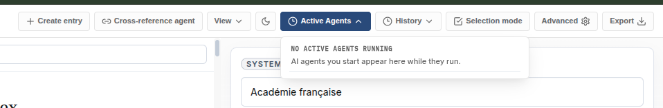 Subject editor toolbar with the Active Agents menu open.