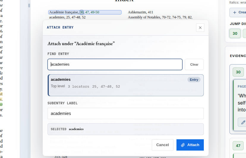 Attach Entry dialog with an entry selected and a subentry label ready to edit.