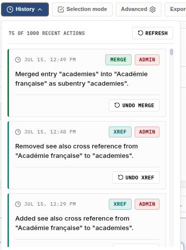 History menu showing a merge action with the Undo merge button highlighted.