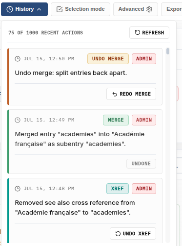 History menu after an undo, with the Redo merge button highlighted.