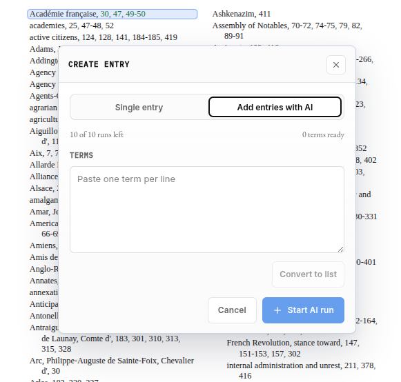 Create Entry dialog on the Add entries with AI tab with the Terms field and remaining-run counter.
