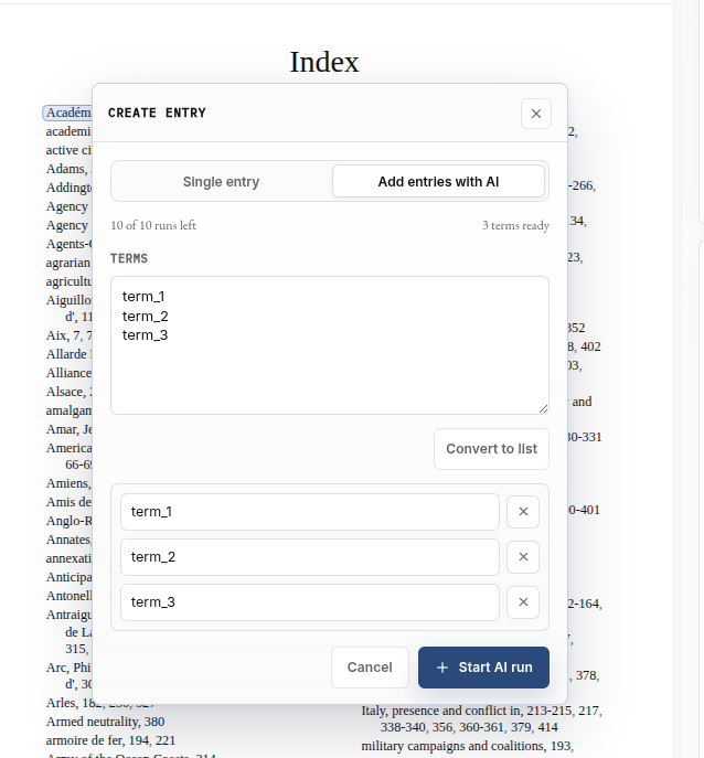 Add entries with AI tab showing three converted terms ready for an AI run.