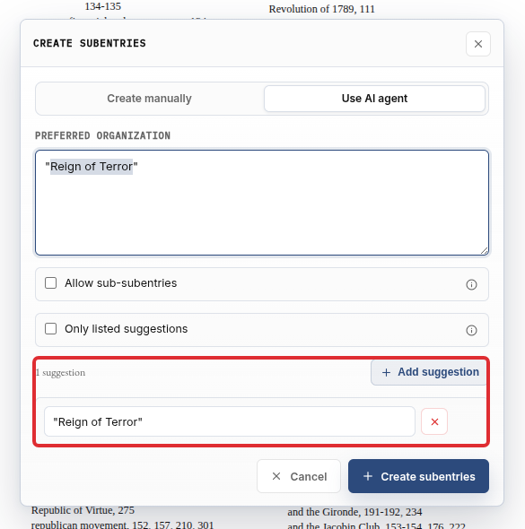 Add suggestion button, suggestion row, and remove button highlighted.
