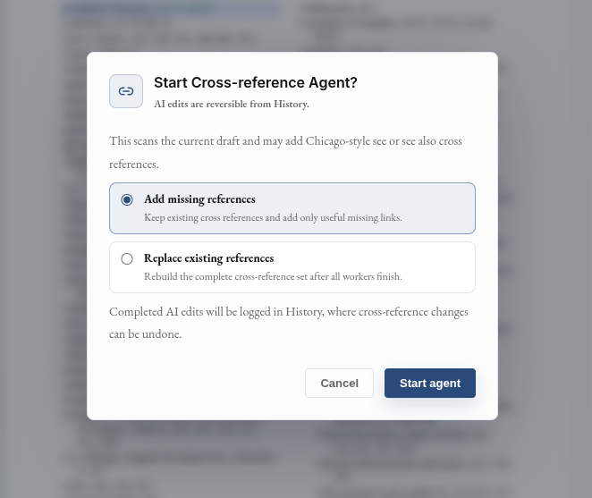 Cross-reference agent confirmation dialog with add-missing and replace-existing modes.