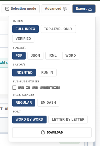 Export menu with index scope, format, layout, page-range, and sort options.