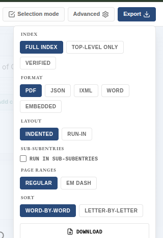 Export menu showing the Embedded format option for a Word source document.