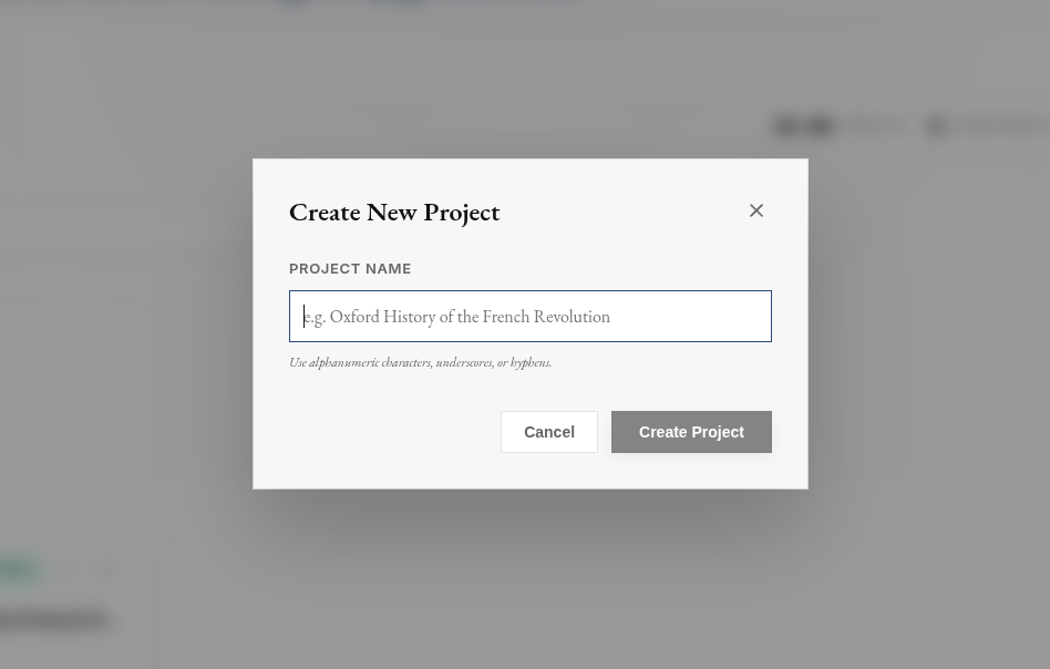 Create New Project dialog with the project name field and Create Project button.