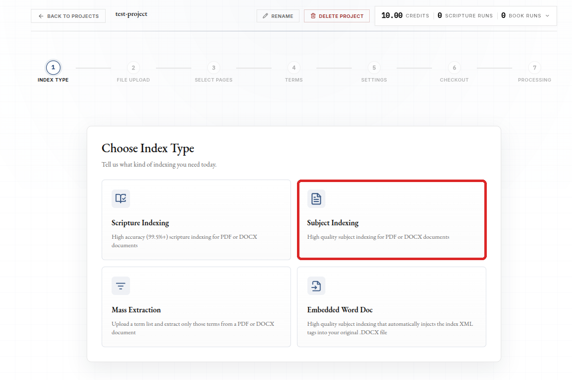Choose Index Type screen with the Subject Indexing option highlighted.