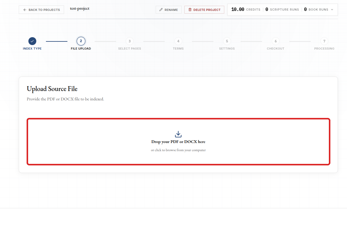 Upload Source File step with the PDF or DOCX upload area highlighted.