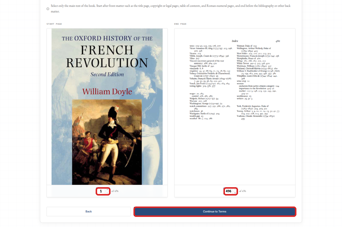 Page range screen with the start page and end page fields highlighted.