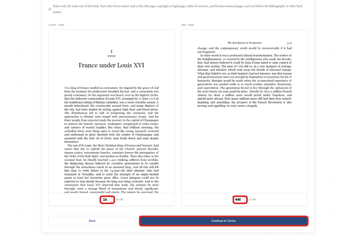 Page range screen after changing the start and end page fields.