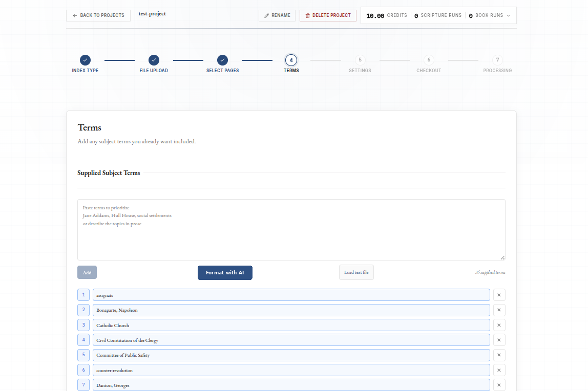 Terms step showing AI-formatted supplied subject terms.