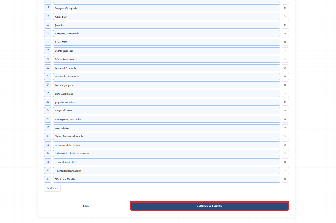 Terms step showing the bottom of an AI-formatted subject term list and the Continue to Settings button.