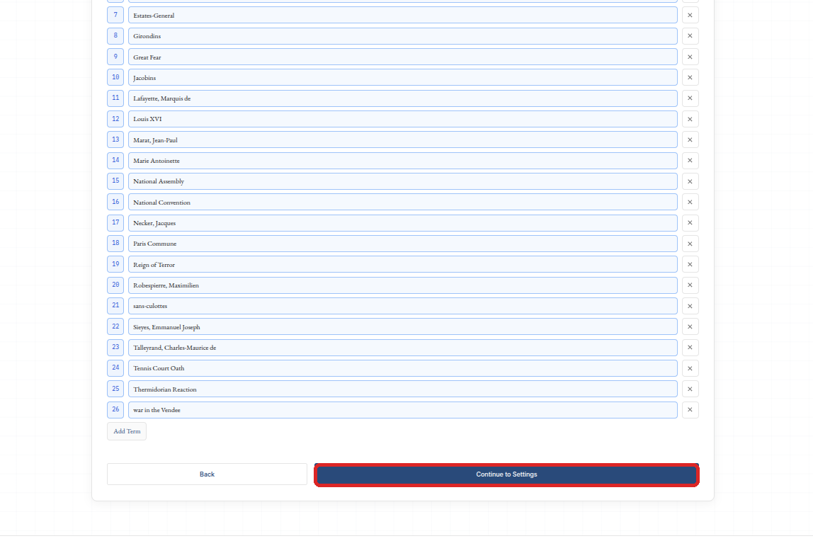 Terms step showing the bottom of a manually added subject term list and the Continue to Settings button.