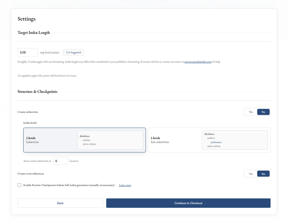 Subject indexing settings with target index length, index levels, and checkout controls.