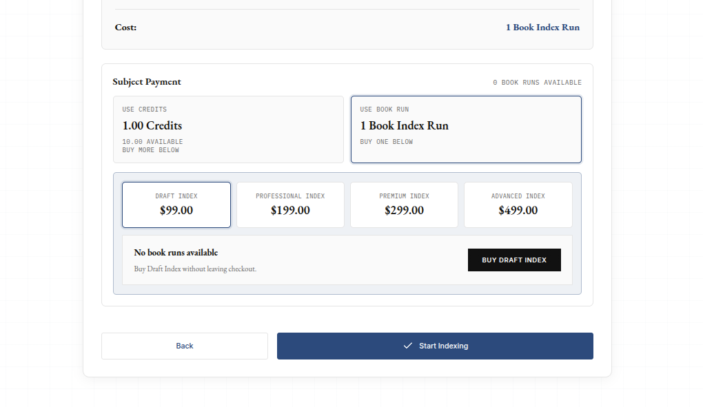 Checkout screen for selecting credits, buying a book index run, and starting indexing.