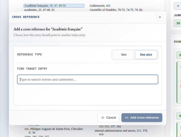 Cross Reference dialog with See and See also reference-type options.