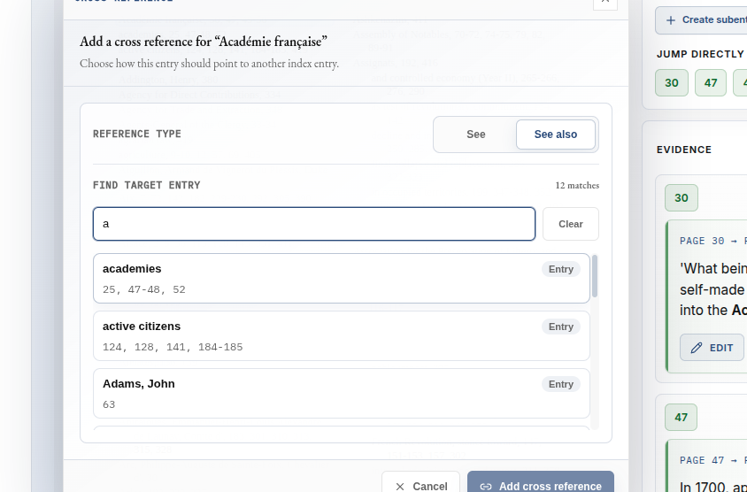 Cross Reference dialog showing an exact target-entry search result.