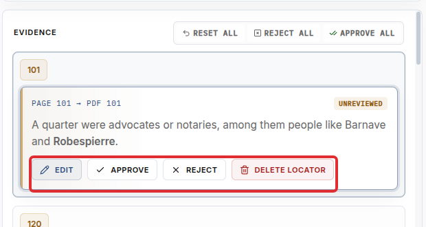 Locator evidence card with the Delete Locator button highlighted.