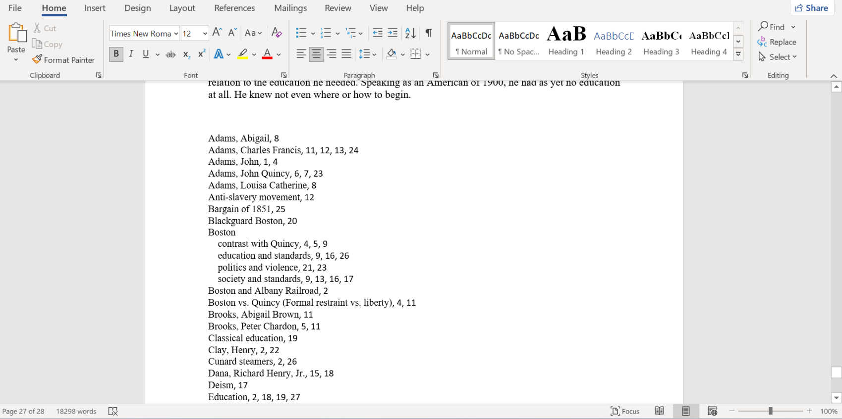 The final index as it appears in Word
